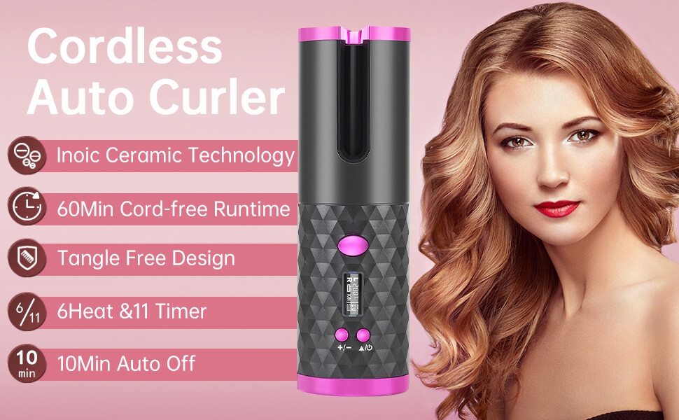 Hot Sale Automatic Cordless Hair Curl Iron With LCD Display, Cordless Rechargeable Curling Iron, 1 inch Ceramic Travel Curling Wand - 6 Temperature Settings, 11 Timer Settings, Auto Shut Off, MULTICOLOR, PACK OF 1 auto curler