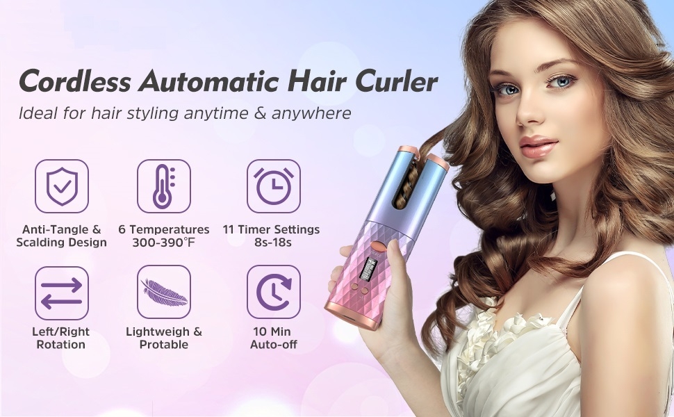 Hot Sale Automatic Cordless Hair Curl Iron With LCD Display, Cordless Rechargeable Curling Iron, 1 inch Ceramic Travel Curling Wand - 6 Temperature Settings, 11 Timer Settings, Auto Shut Off, MULTICOLOR, PACK OF 1 Rechargeable Hair Curler