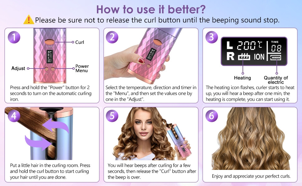 Hot Sale Automatic Cordless Hair Curl Iron With LCD Display, Cordless Rechargeable Curling Iron, 1 inch Ceramic Travel Curling Wand - 6 Temperature Settings, 11 Timer Settings, Auto Shut Off, MULTICOLOR, PACK OF 1 Cordless Hair Curler, Wireless Rotating Hair Curler
