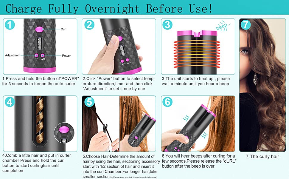 Hot Sale Automatic Cordless Hair Curl Iron With LCD Display, Cordless Rechargeable Curling Iron, 1 inch Ceramic Travel Curling Wand - 6 Temperature Settings, 11 Timer Settings, Auto Shut Off, MULTICOLOR, PACK OF 1 hair curler