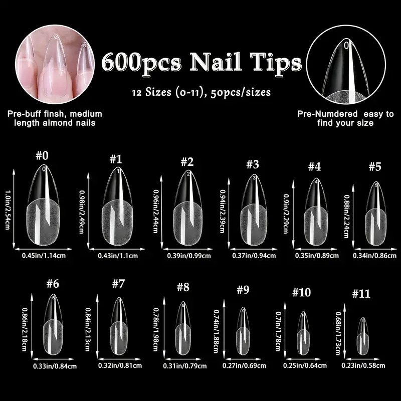 600pcs almond nail tips tips clear half matte   nails full cover acrylic nail tips for extension nail manicure salon 3