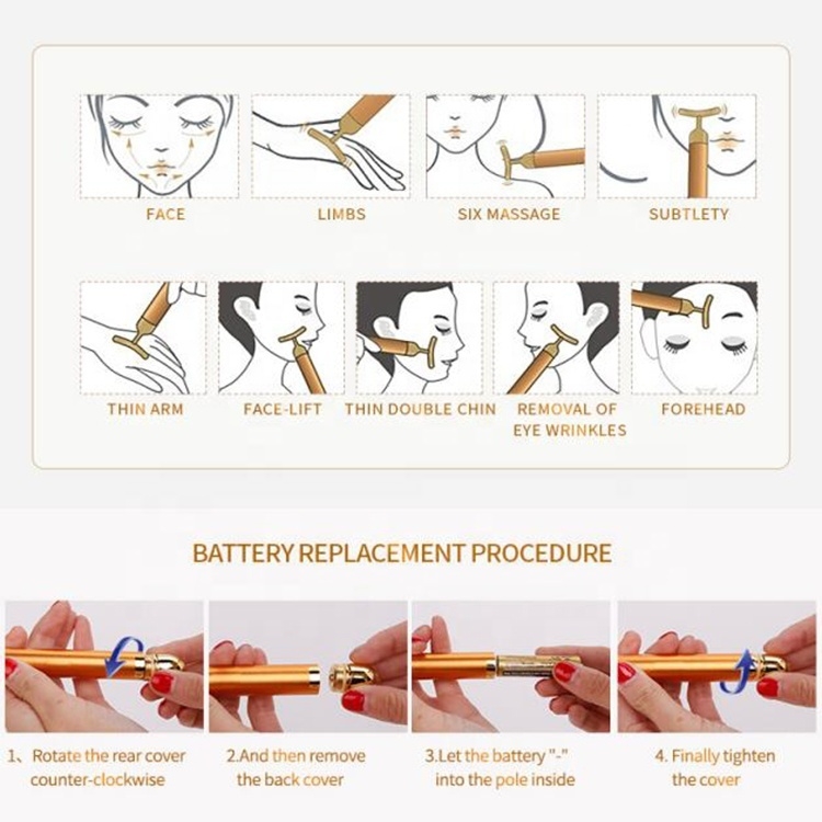 T Shape Energy Beauty bar 24k Gold Vibrating Pulse Facial Electric Massager