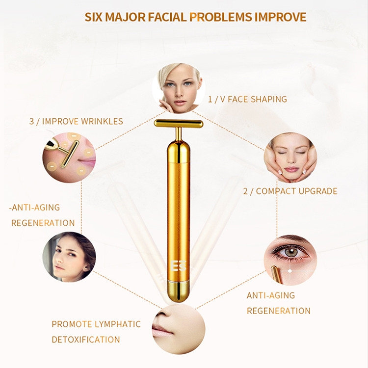 T Shape Energy Beauty bar 24k Gold Vibrating Pulse Facial Electric Massager