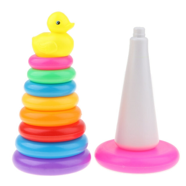 Adorable Yellow Duck Toy With 9  Rainbow Color Stacking Rings Tower Toy, Kids Toddler Bath Tub Play Toy Gift