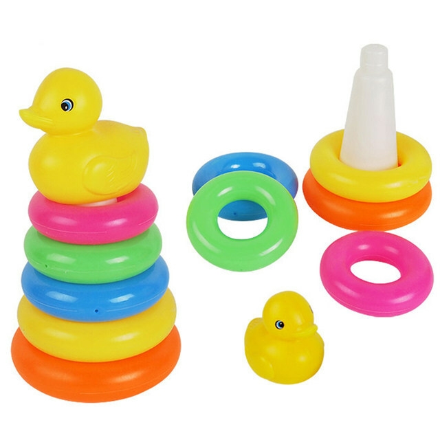Adorable Yellow Duck Toy With 9  Rainbow Color Stacking Rings Tower Toy, Kids Toddler Bath Tub Play Toy Gift