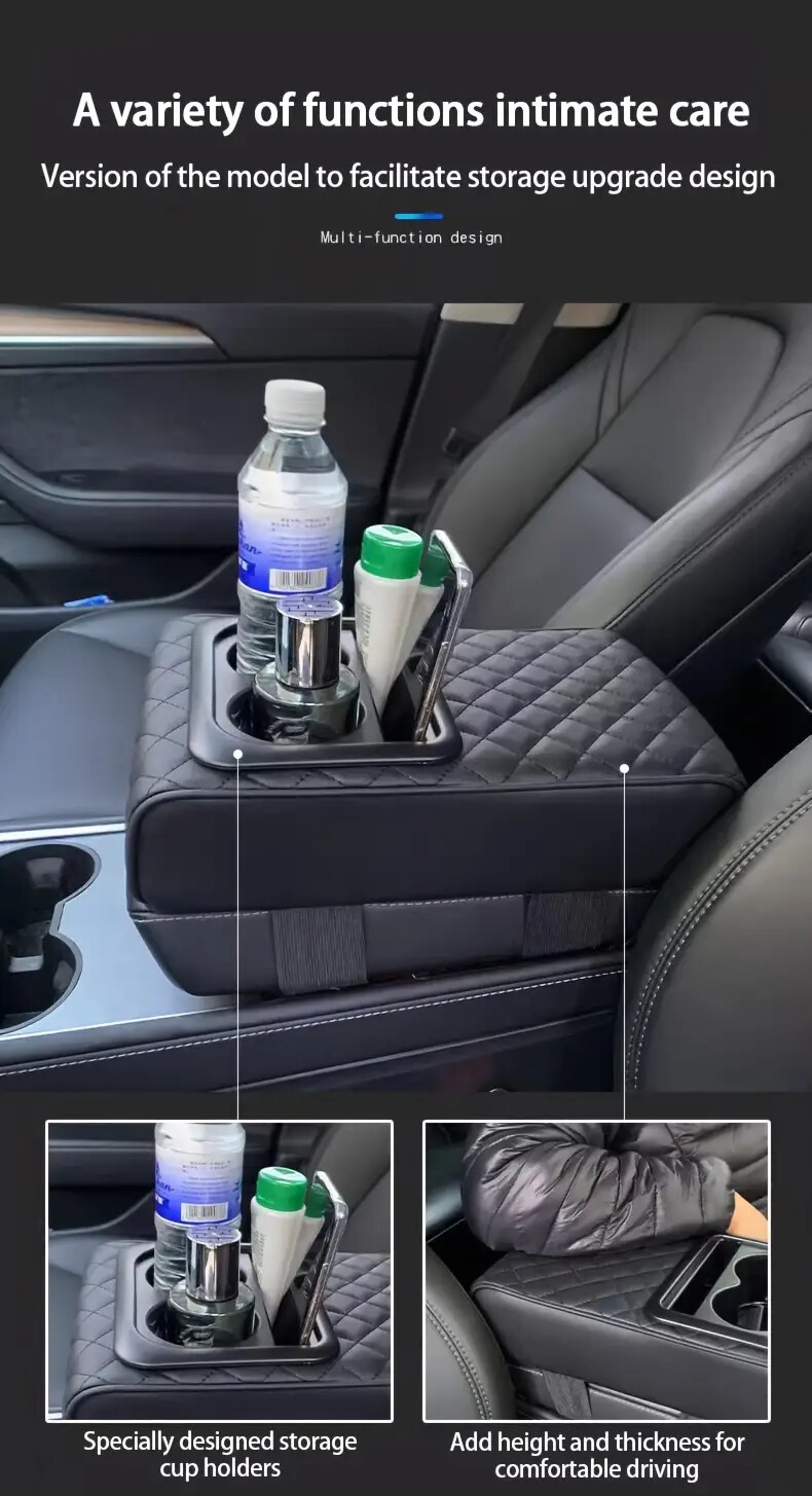 luxury faux leather car armrest cushion with dual cup holders elbow support storage box for enhanced interior comfort details 4