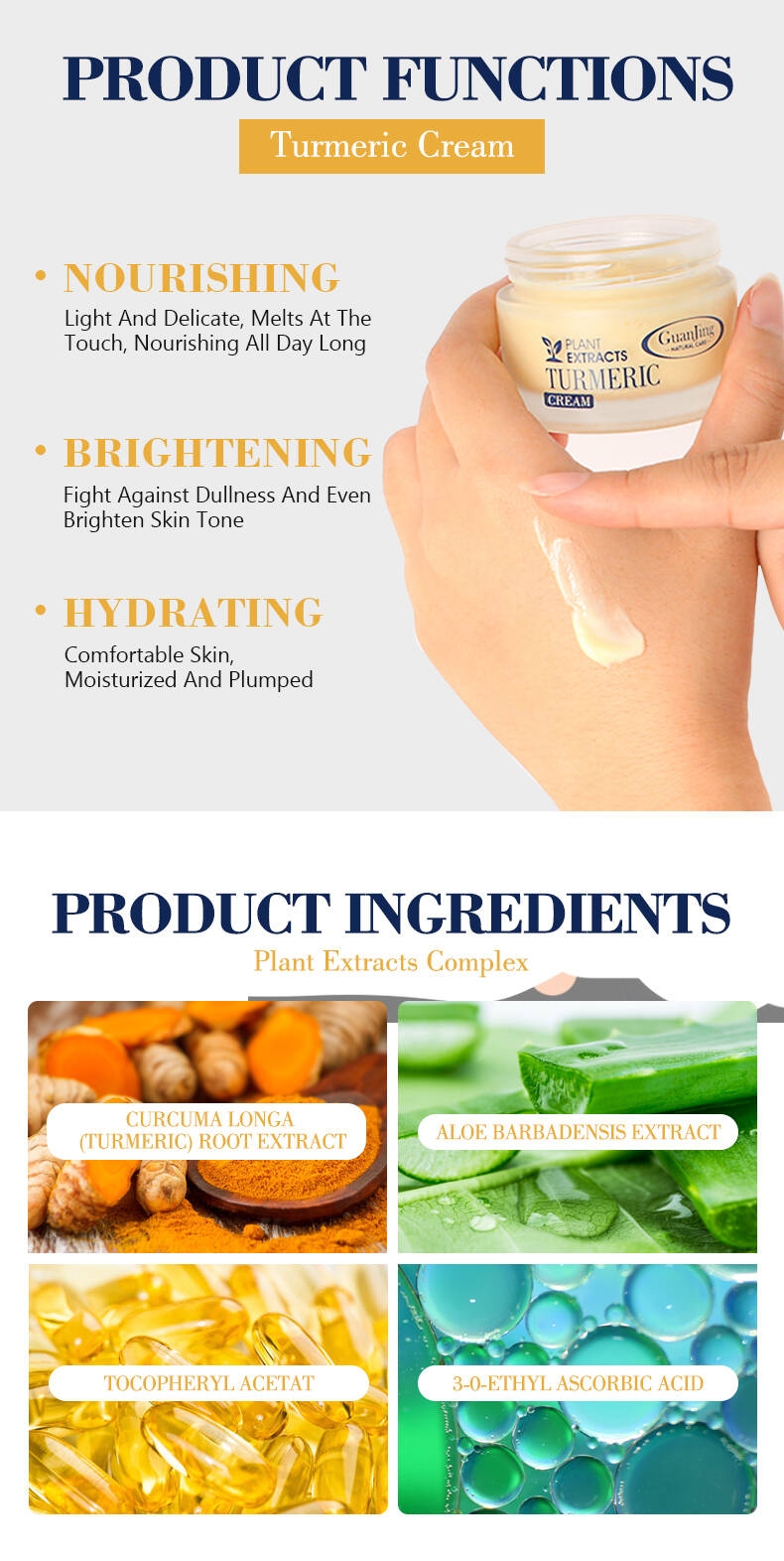 Guanjing Natural Turmeric Face Cream Herbal Extract Face Hydrating Moisturizer Brightening Face Cream Private Label
