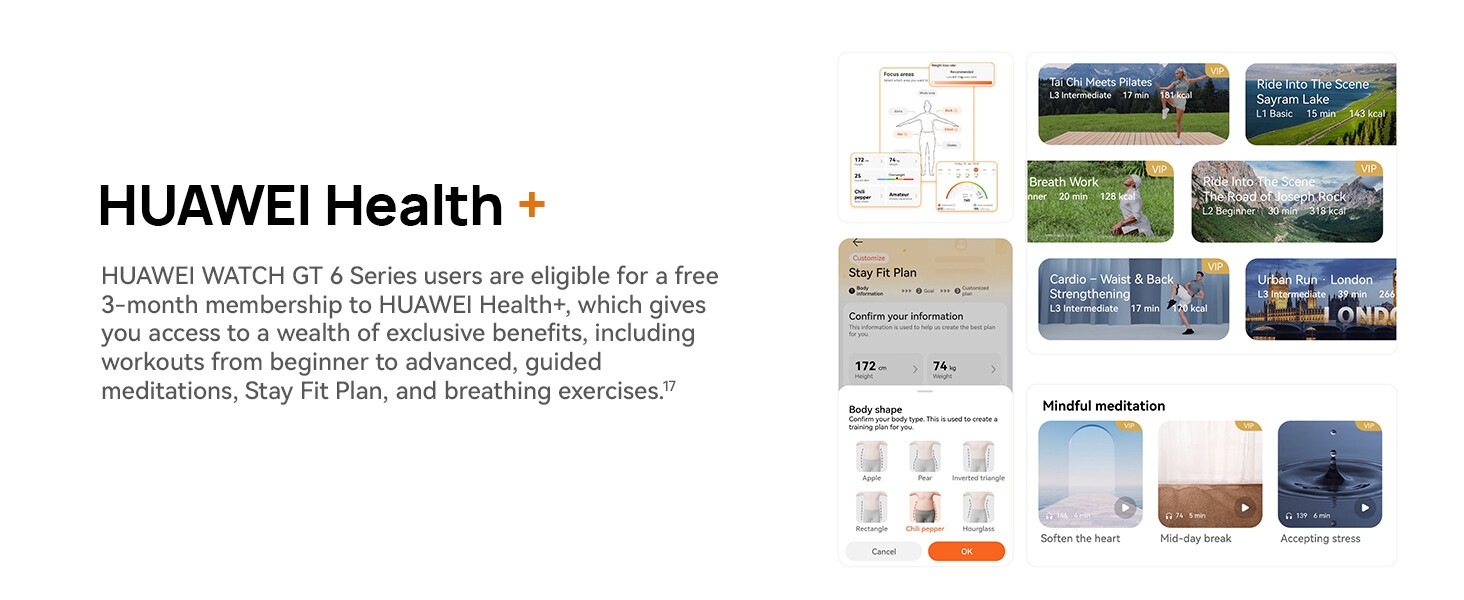 Text reads 'HUAWEI Health'. Screenshot of health app interface showing multiple tiles and statistics screens with activity tracking features.