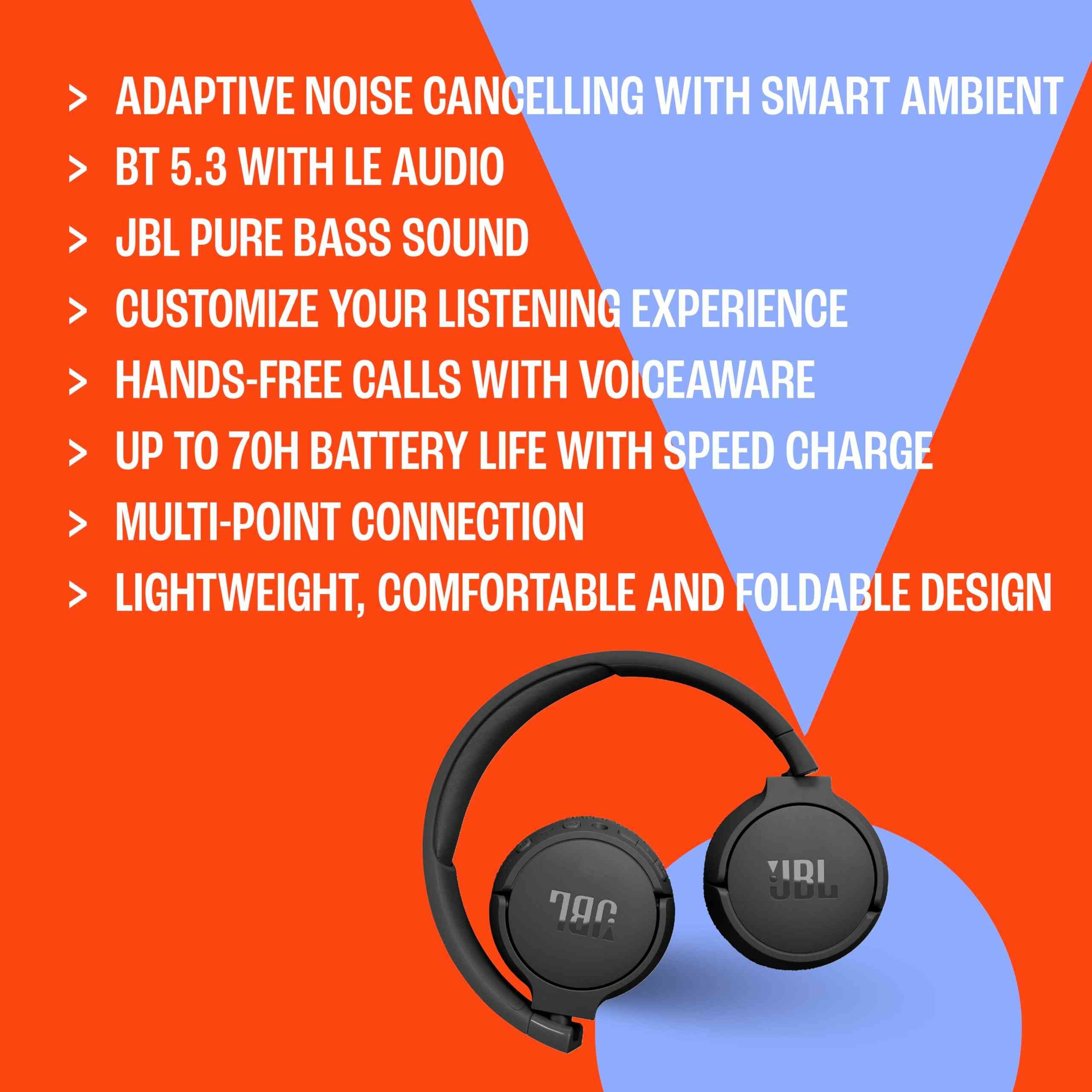 Amazon.com: JBL Tune 670NC - Adaptive Noise Cancelling with Smart Ambient  Wireless On-Ear Headphones, Up to 70H Battery Life with Speed Charge,  Lightweight, Comfortable and Foldable Design (Purple) : Electronics