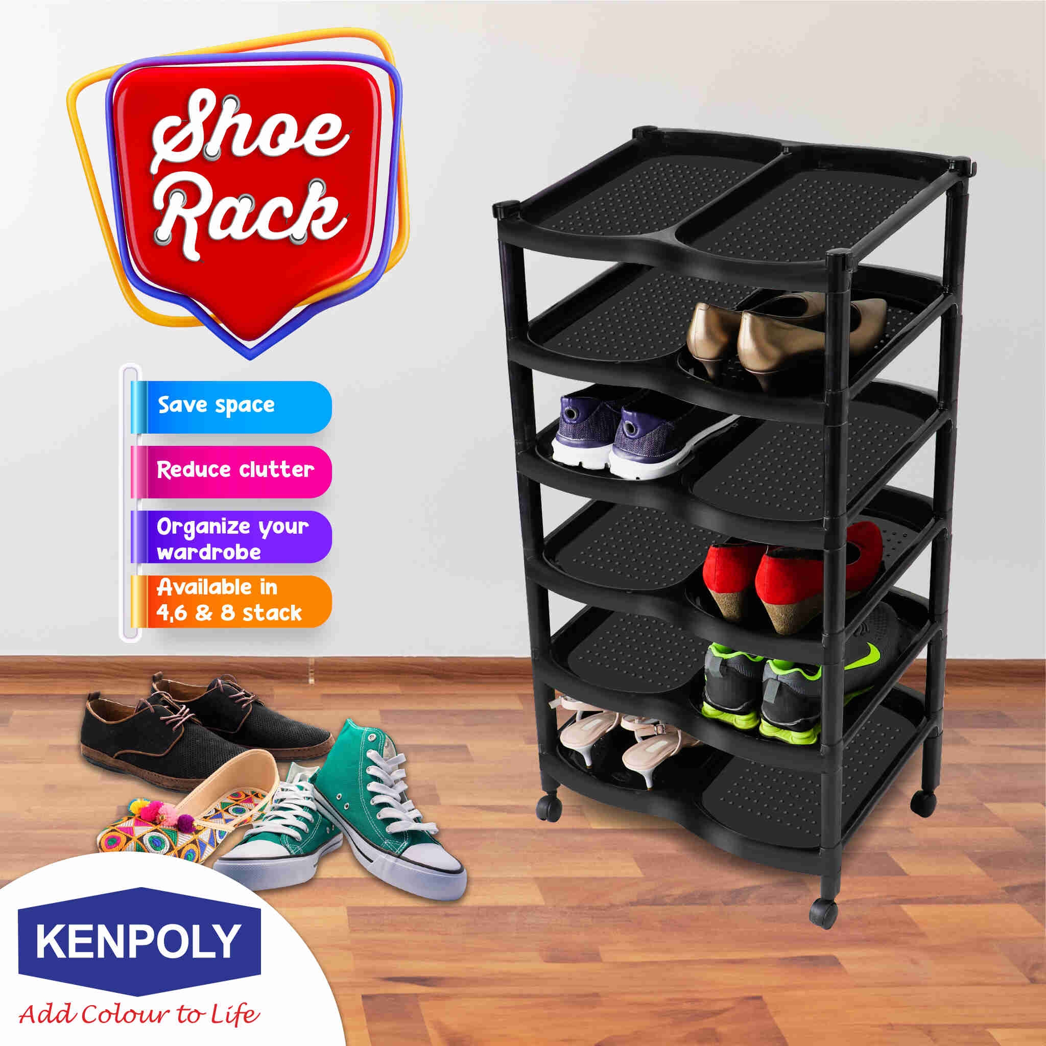 May be an image of shoes and text that says 'Shoe Rack Save space Reduce clutter Organize your wardrobe Available in 4,6 8 stack KENPOLY Add Colour to Life'