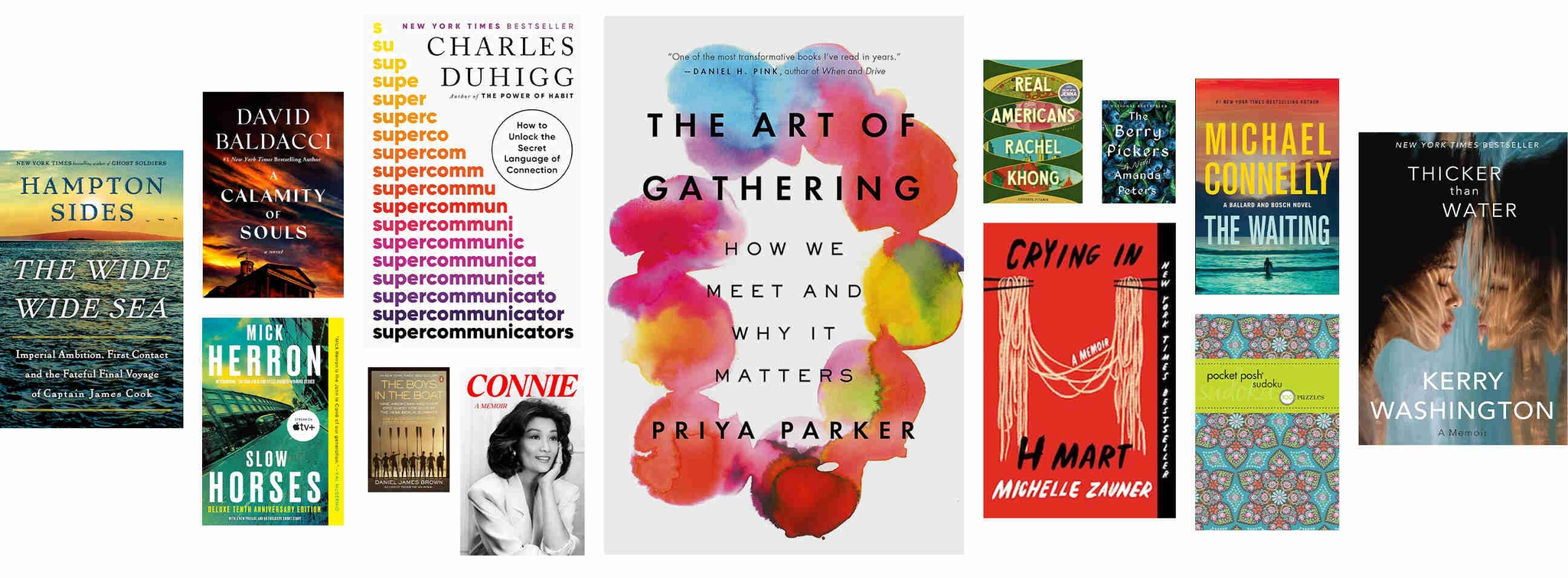 Assorted books, including fiction and non-fiction titles and puzzle books.