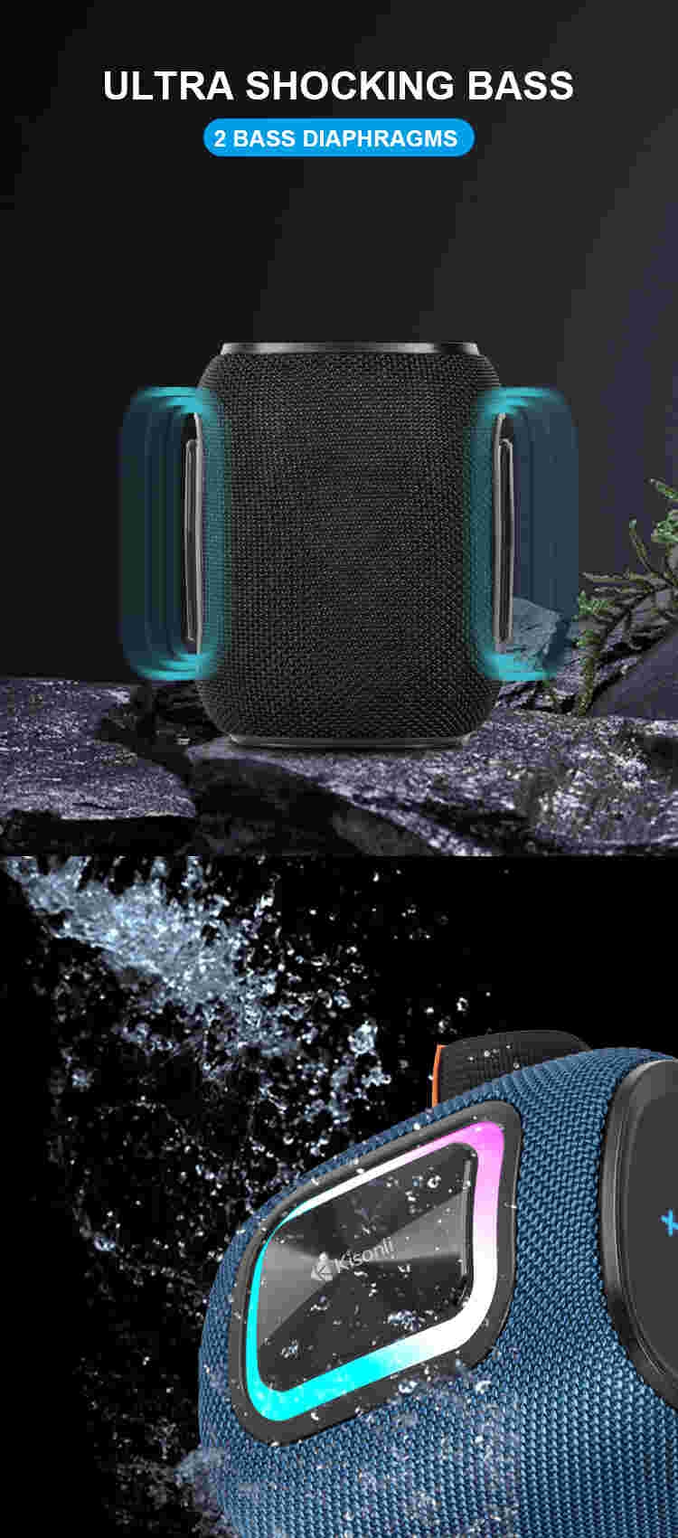 Kisonli Q25 blue tooth power speaker professional waterproof IPX5 speaker with RGB light