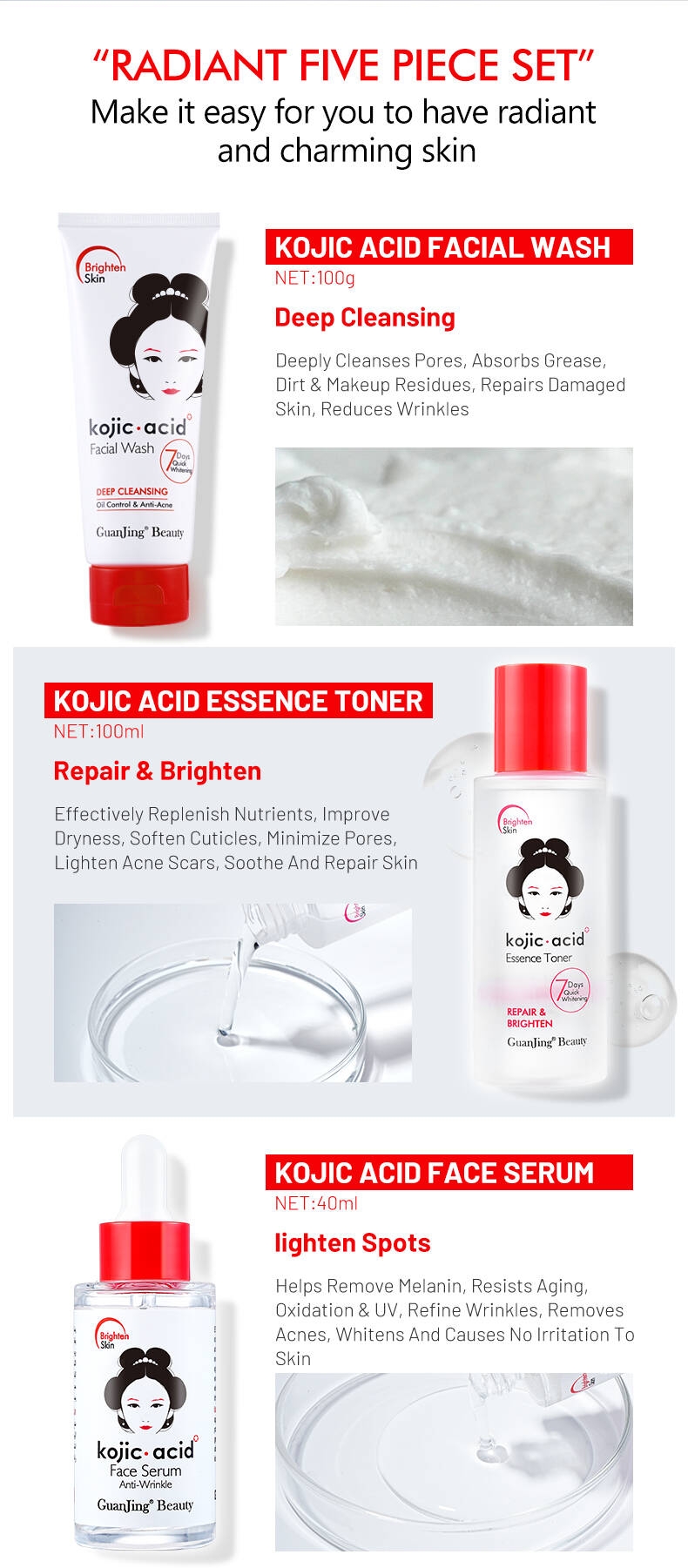 Best 5 Pieces Kojic Acid Skin Care Set (New) Wit Collagen 7 Days Brightening Smooth Wrinkle Face Skin Care Gift Sets