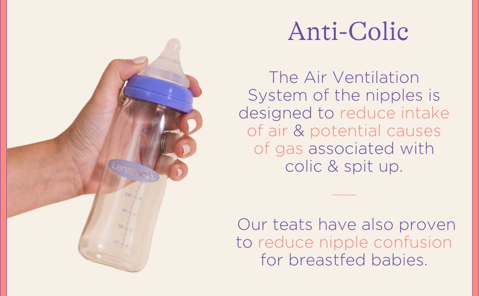 Anti-colic baby bottle with purple cap held by a hand. Text describes air ventilation system to reduce colic and nipple confusion for breastfed babies.