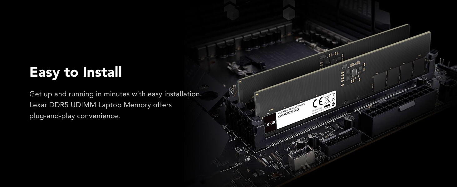 Computer component with text 'Easy to Install' above. Dark background with illuminated product details visible.