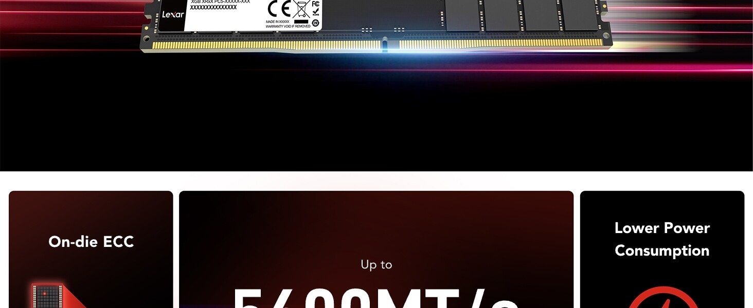 Computer component with technical specifications showing ECC compatibility and lower power consumption features.