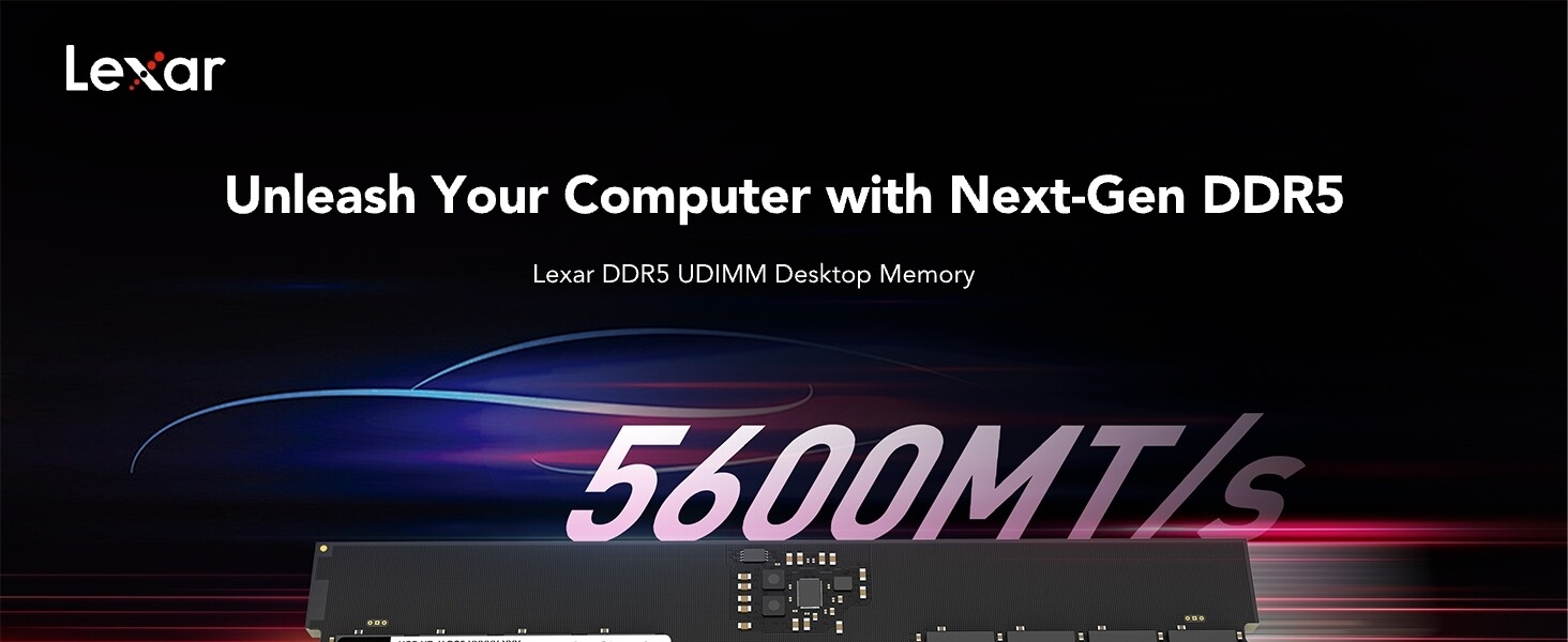 Lexar DDR5 memory module advertisement. Text highlights 5600MT/s speed for next-gen computer performance. Dark background with purple light effect.