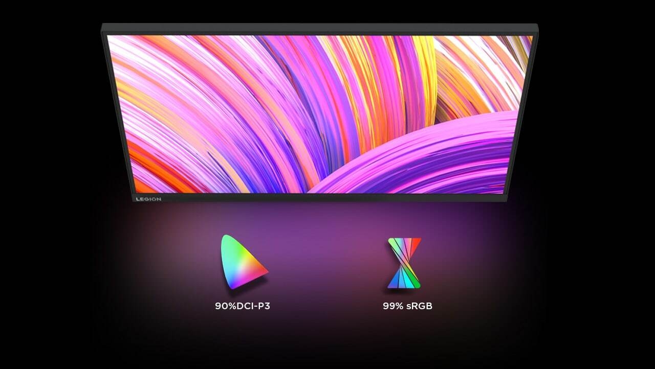 The screen with multiple colors on the Legion R27qc-30 while there are two icons of color beside it.