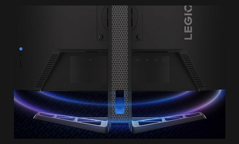 The rear side of Legion R27qc-30 monitor is surrounded by colorful audio waves to show the performance of speakers.