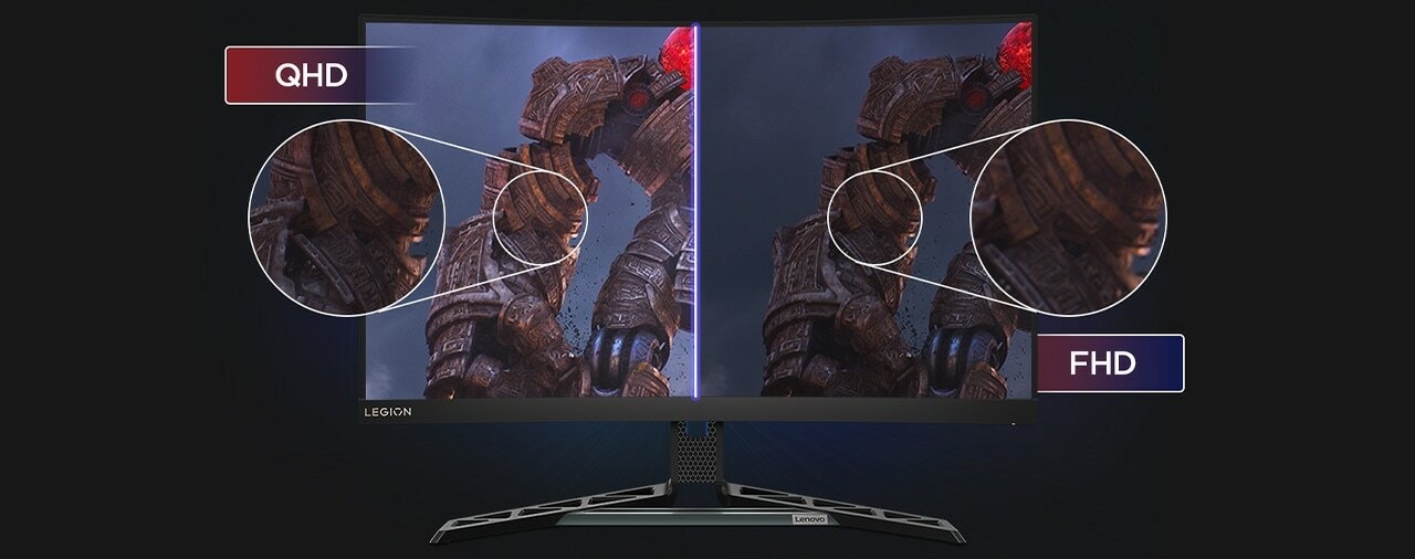 A split screen on the Legion R27qc-30 shows different resolutions, while the left one with QHD resolution is brighter and the right one with FHD resolution is darker.