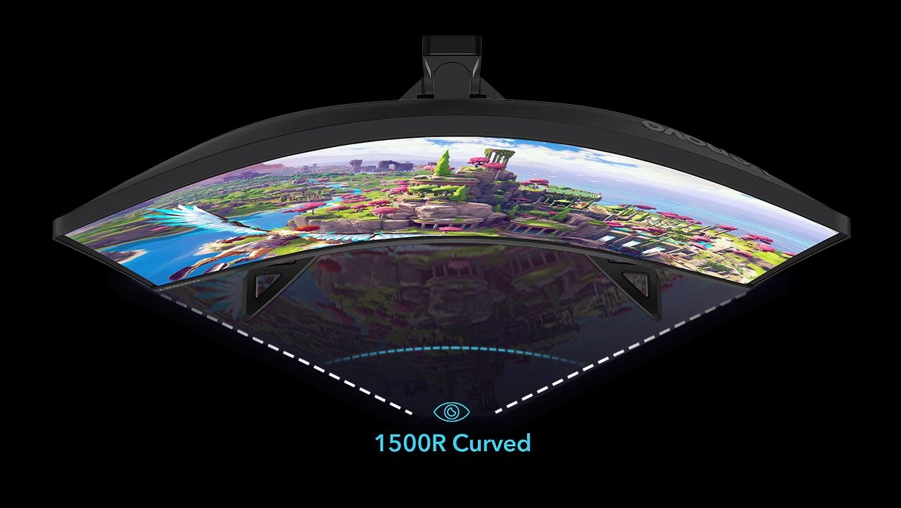 Legion R32qc-30 Monitor features a detailed cityscape while two lines extending to the message 