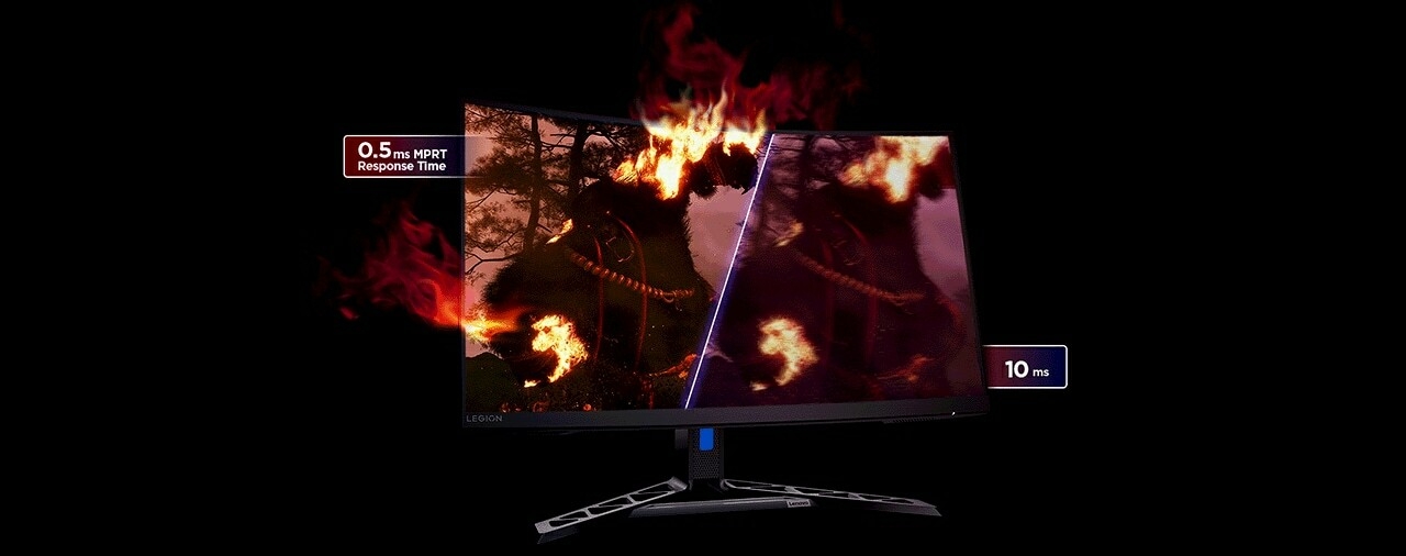 Legion R32qc-30 Monitor shows the monster with flames while left is 0.5ms MPRT Response Time and right is 10ms.