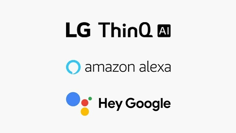 The LG ThinQ AI logo, the Google Assistant logo, and the Amazon Alexa logo are arranged vertically in the white background.