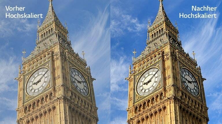 The image of Big Ben on the right that says “After Upscaling” is lighter and clearer than the same image on the left that says “Before Upscaling”.