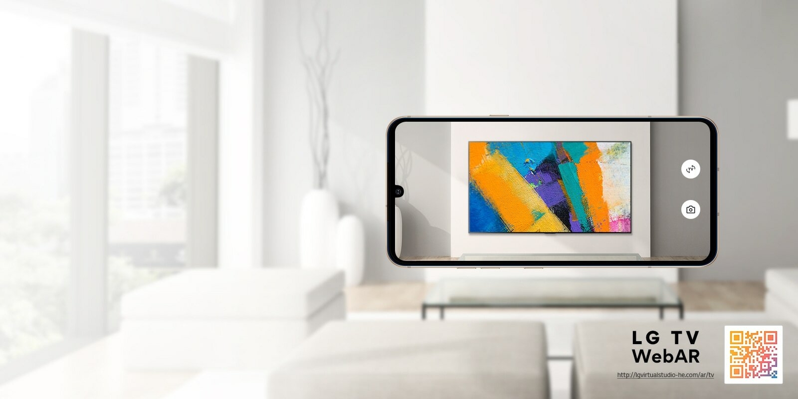 This is a web AR simulation image of a LG OLED TV.  A faded-in mobile phone that is currently taking a photo is displayed in a minimalist room.  There is a QR code at the bottom right.