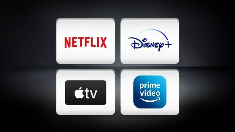 The logos of Netflix, Disney +, Apple TV and Amazon Prime Video are arranged horizontally against a black background.