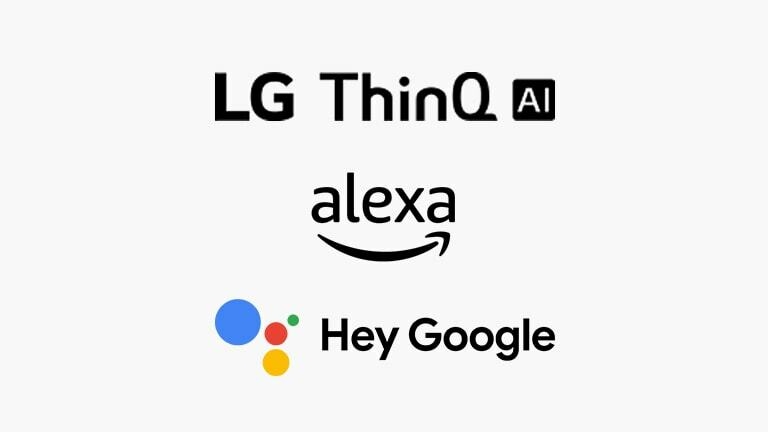 Voice commands are described on this card.  The logos of LG ThinQ AI, Hey Google and Amazon Alexa can be seen.