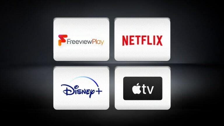 The Freeview Play logo, the Apple TV logo, the Disney+ logo, and the Netflix logo are arranged in the black background.