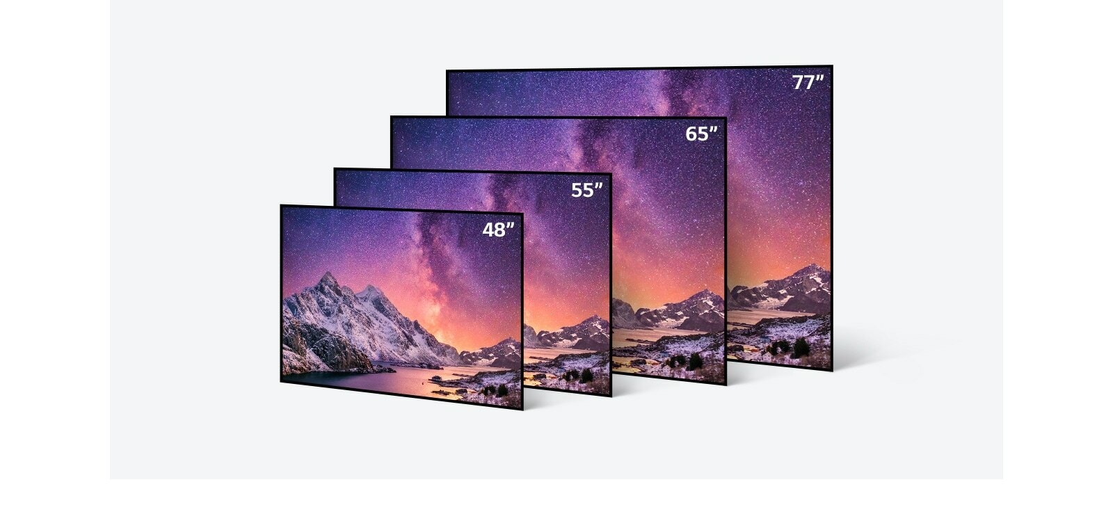 LG OLED A1 TV lineup in various sizes from 48 inches to 77 inch TV and colors in light black