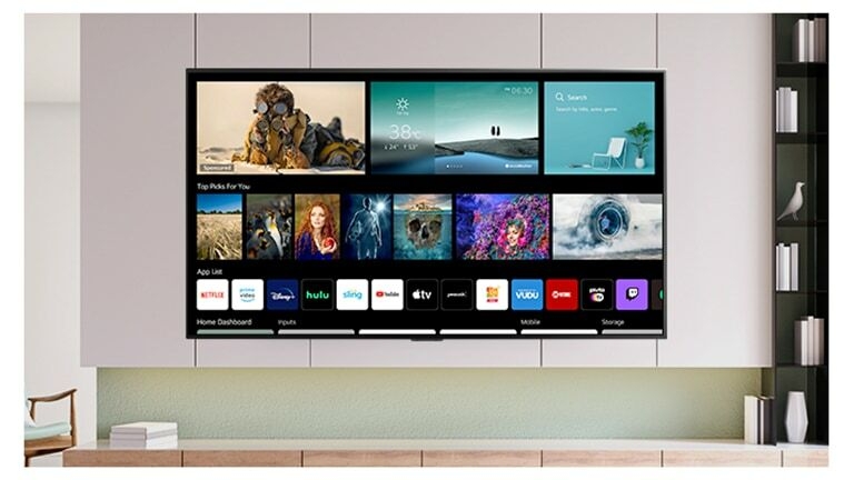 LG OLED TV screen displaying newly designed home screen with personalized contents and channels for easy entertainment access