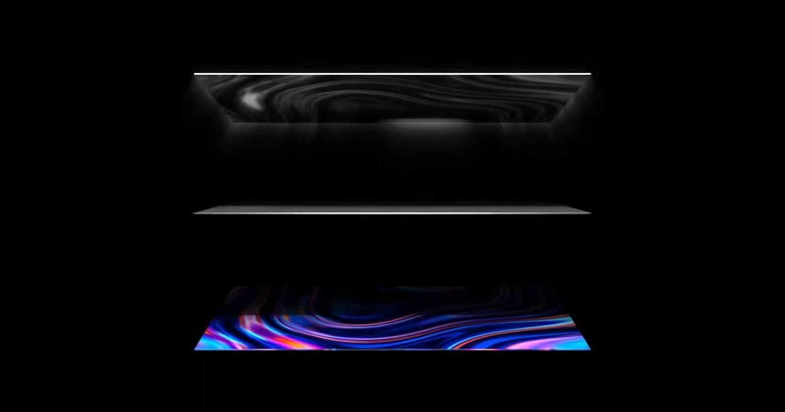 4 layers of display are seen from above. The backlight disappears and 3 layers come together to make a vibrant picture.