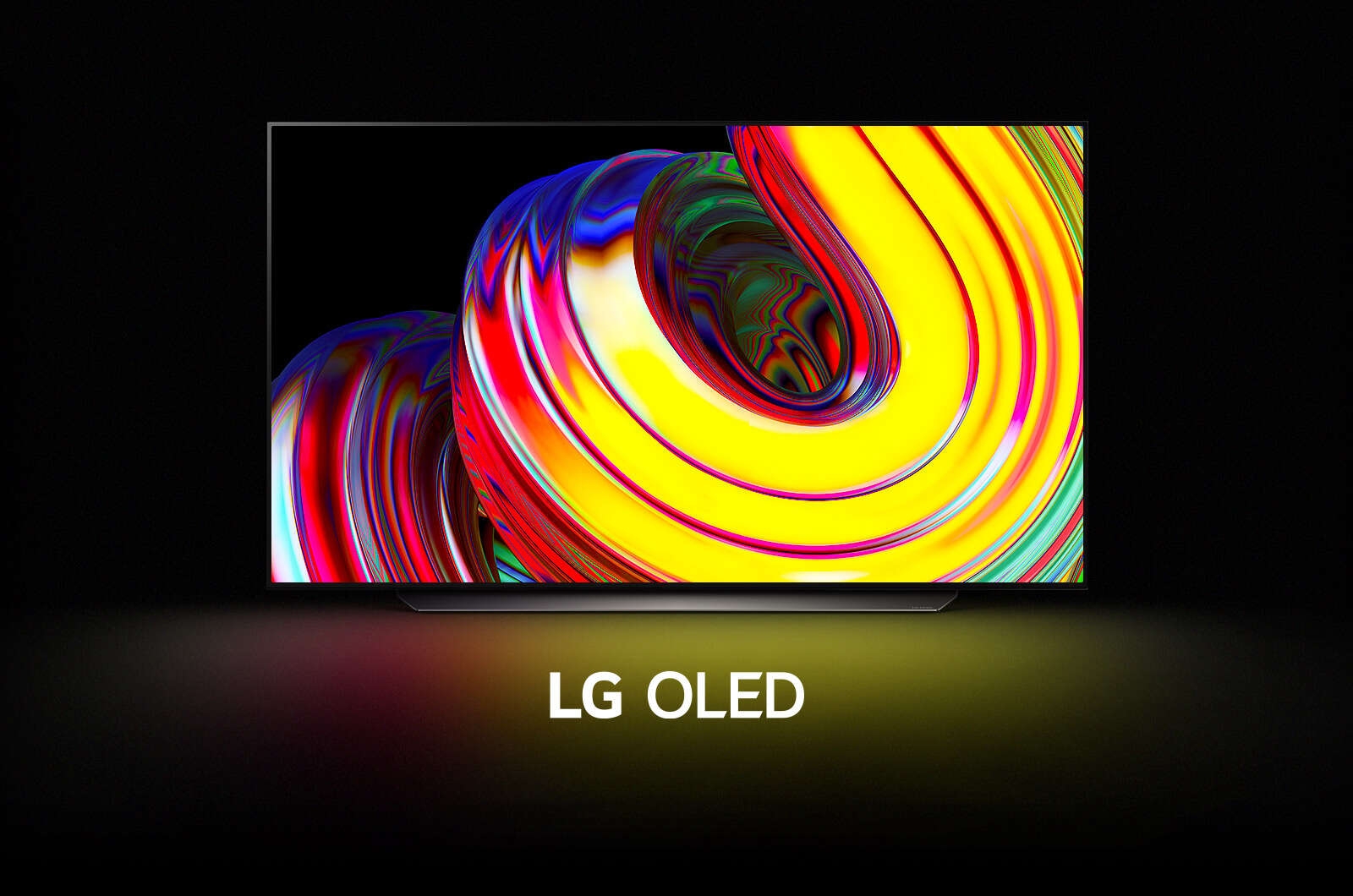 A yellow abstract wave pattern fills the screen then gradually zooms out to reveal the LG OLED CS. The screen goes black then displays the wave pattern again with the words