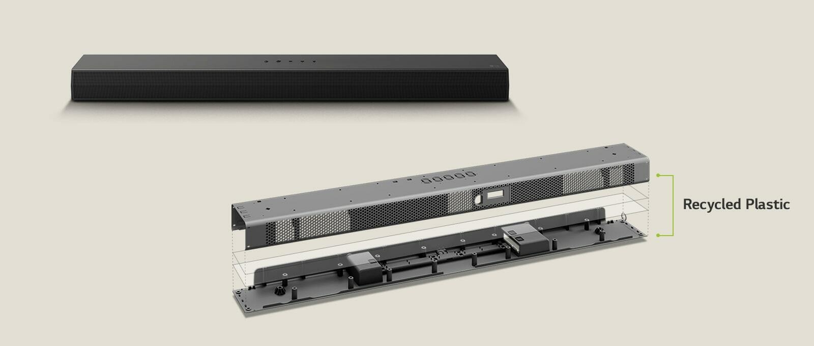 There is a frontal perspective of the soundbar behind and a metal frame depiction of the soundbar in front. An inclined observation of the rear of the soundbar's metal frame with the words 