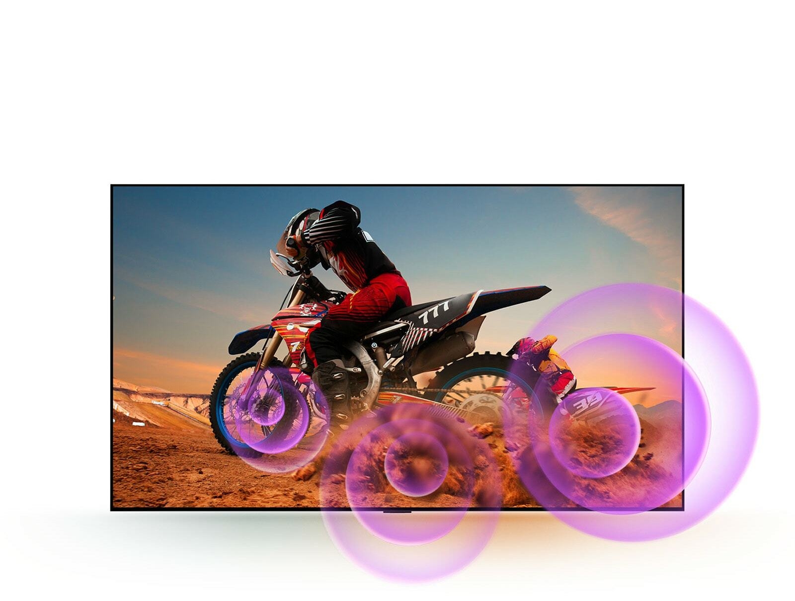 LG OLED TV depicts a man on a motorcycle with purple abstract circles coming out of the wheel to visualize sound emission.