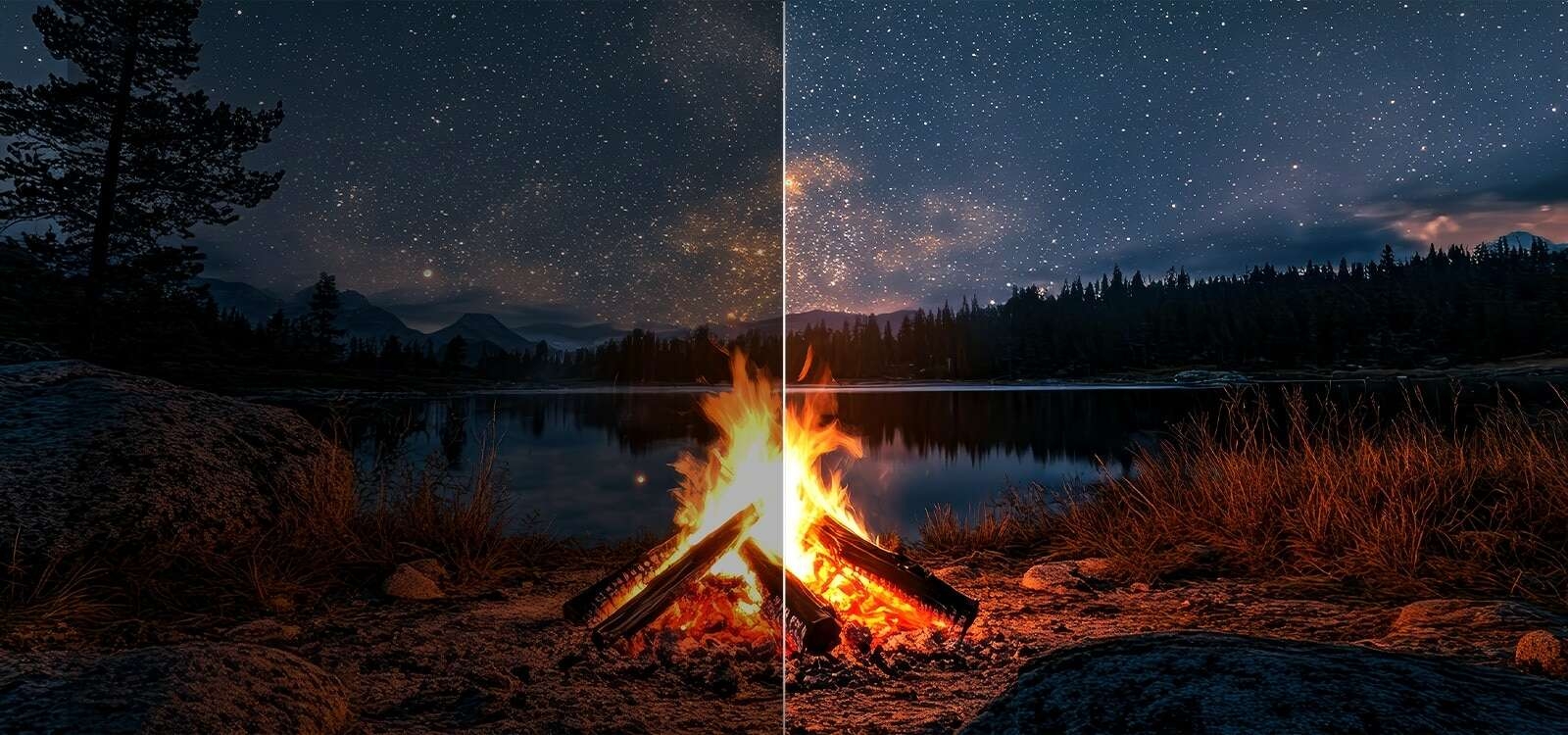 Campfire at night in the middle of nature. In the distance is a forest and lake. The evening sky is filled with stars. The scene is split in half. On one side, it showcase the impressive brilliance from Brightness Booster. On the other side, it's darker and grayer.