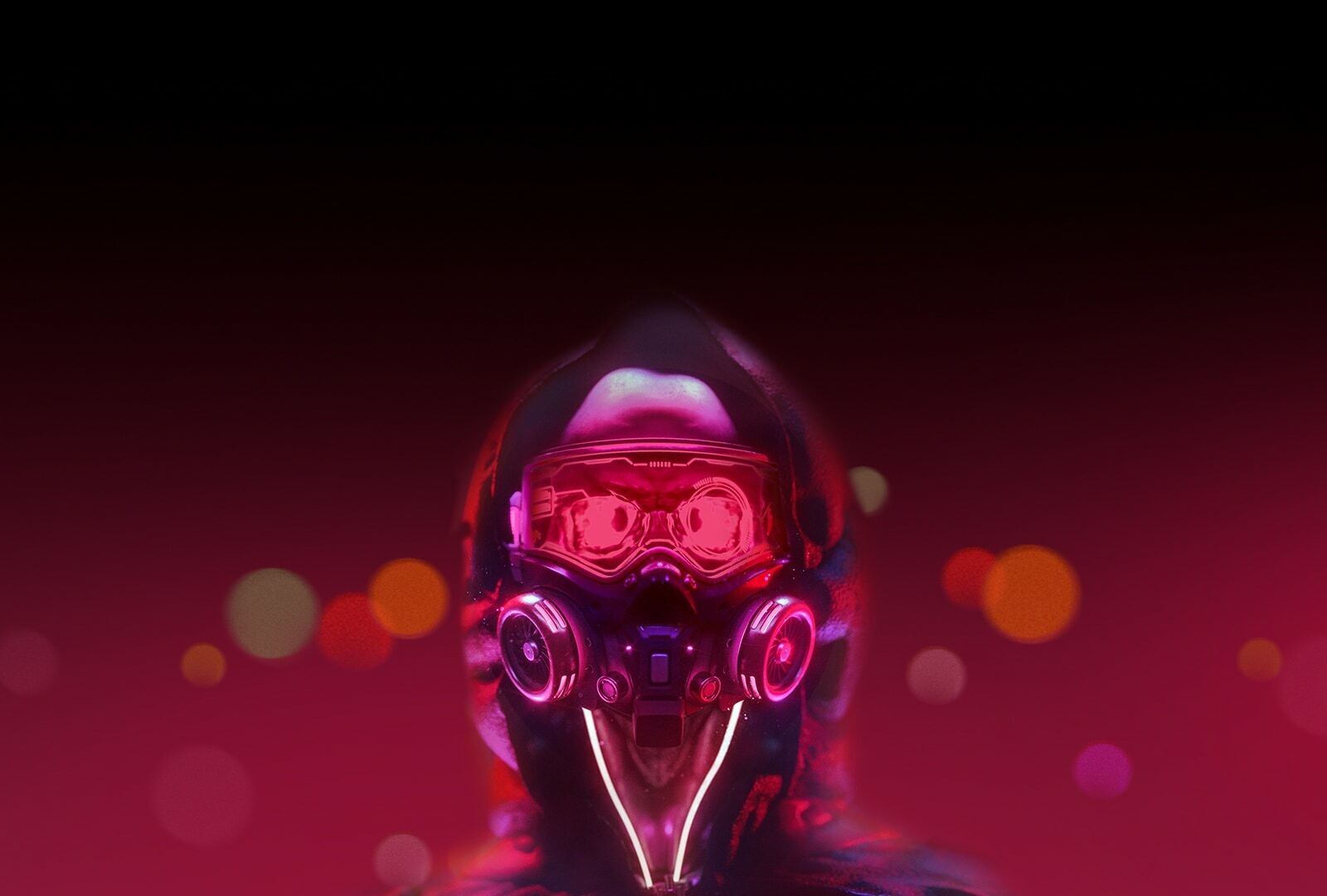 An image of a robot in red lighting. It blinks eyes slowly.