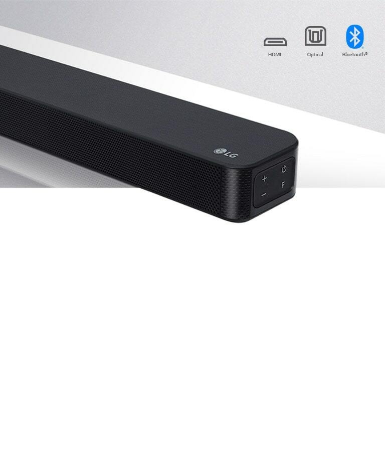 Close-up LG Soundbar right side with LG logo on the bottom right corner. Connectivity icons shown above the product.