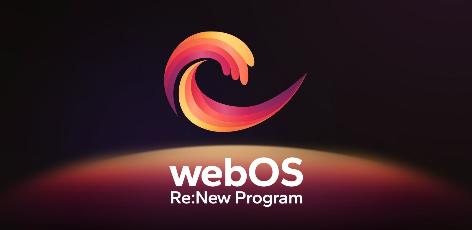 The webOS logo hovering in the center on a black background, and the space below is illuminated with the logo colors of red, orange, and yellow. The words 