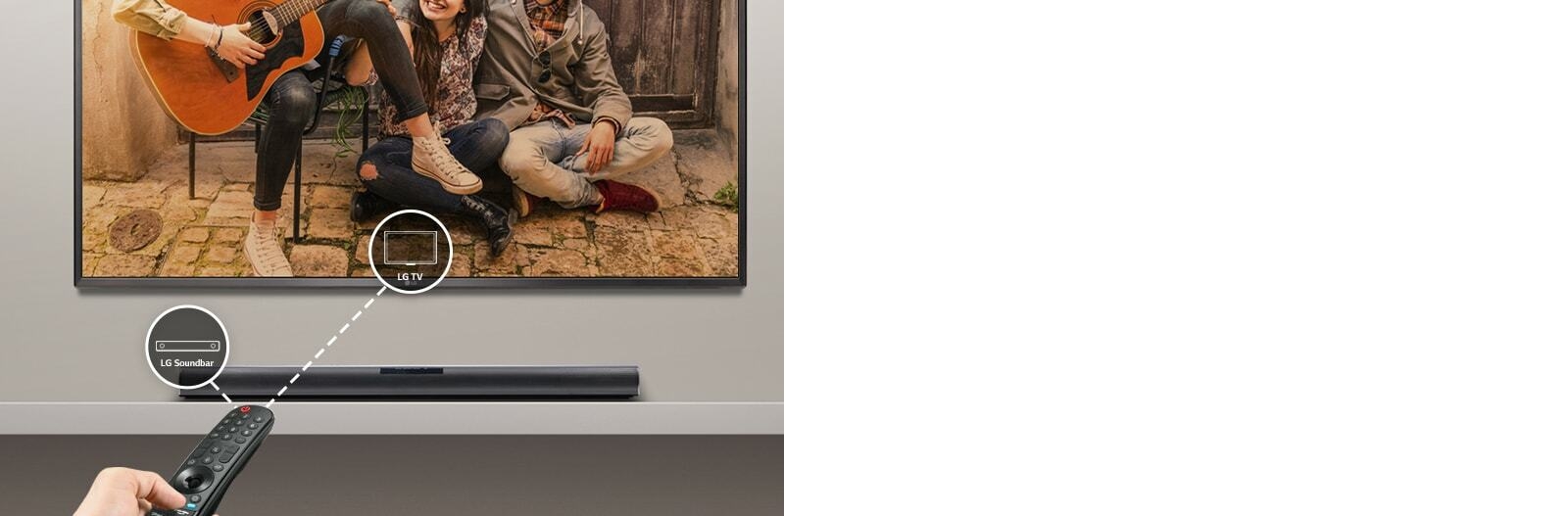 There is a LG remote control in someone's hand, controlling TV and sound bar at the same time. There are icons of LG TV and LG Sound bar.
