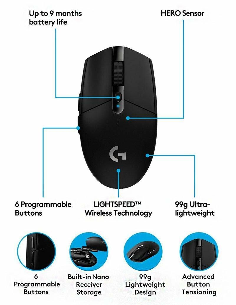 Logitech G304 Lightspeed Wireless Gaming Mouse, Hero Sensor, 12,000 DPI, Lightweight, 6 Programmable Buttons, 250h Battery Life, Compatible with PC/Mac - Black: Buy Online at Best Price in Egypt - Souq is
