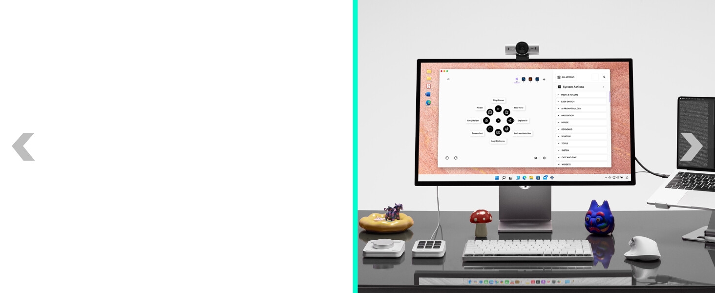 a desktop setup with mx master 4 for mac, mx mechanical mini for mac keyboard and mx brio webcam