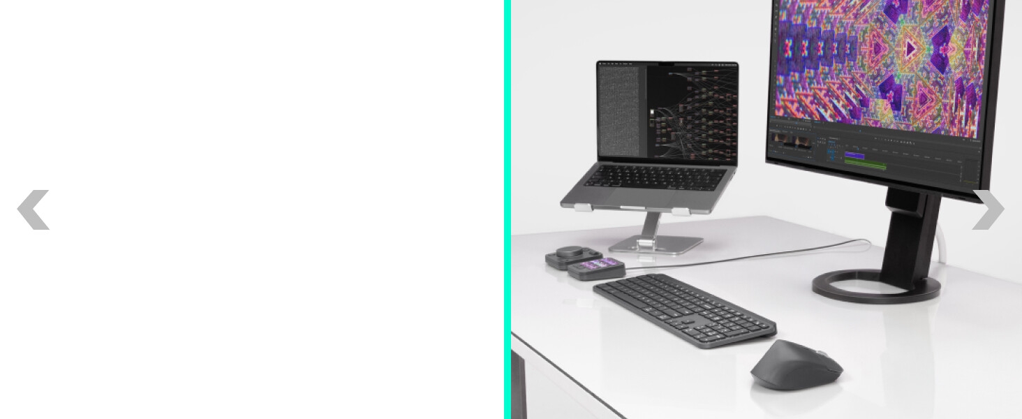 a desktop setup with a laptop, a desktop, mx keys s keyboard and master 4 ergonomic wireless mouse