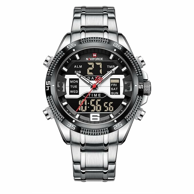 Naviforce Dual time Analog Digtal Stainless Steel Strap Watch for Men 9201 (Silver -Black)