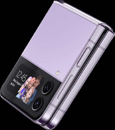 Explore Galaxy Flip 4 camera specs and customised cover screen features now. A folded Bora Purple Z Flip4 is seen from the cover screen.