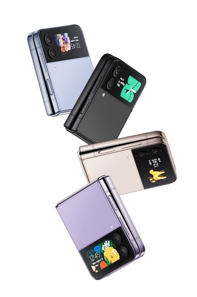 Compare Z Flip 4 specifications and prices today. Four folded Samsung Flip 4 in Blue, Graphite, Pink Gold and Bora Purple are seen spiralling down.