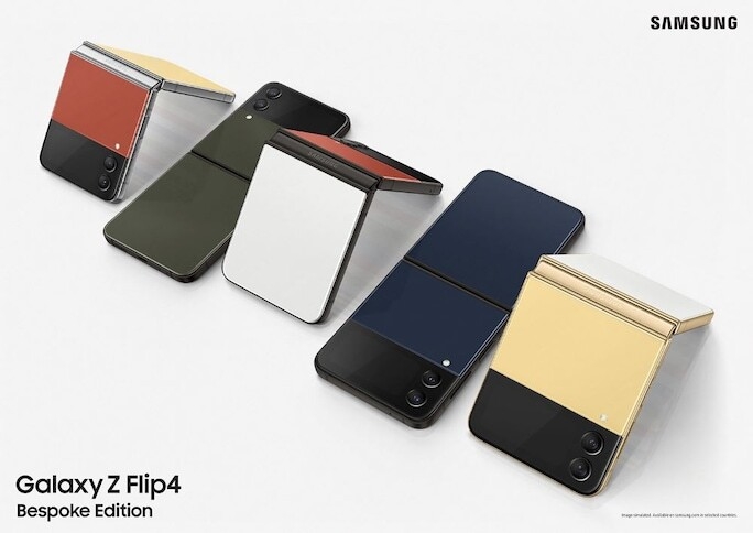 Personalise your Galaxy Z Flip4 with the Bespoke Edition. Five Samsung flip phones with custom colour covers and frames are lined up on a flat surface.